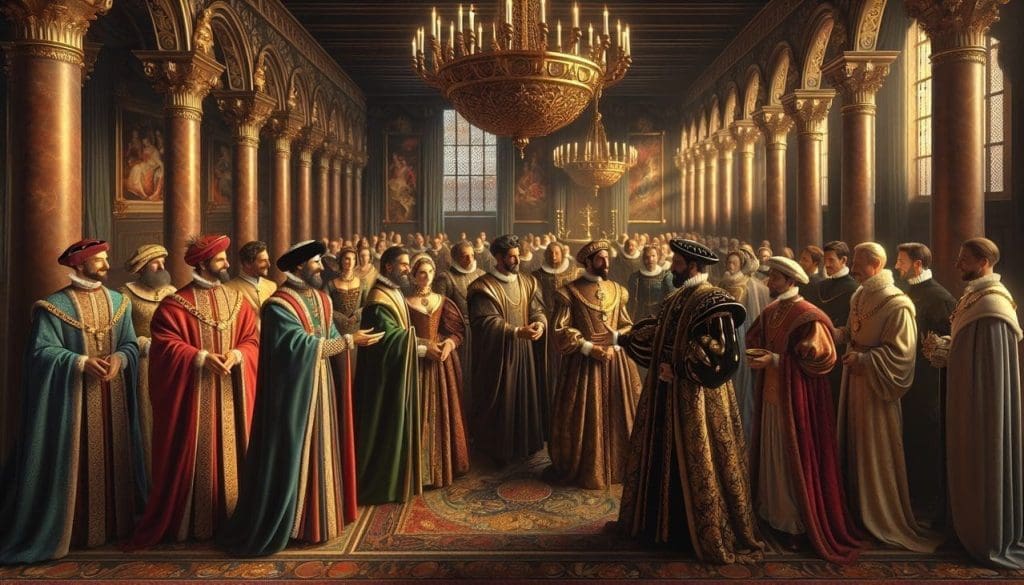 Illustration nobles échangeant des compliments dans cour médiévale riche et chaleureuse.