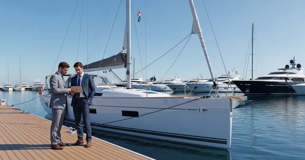 Voilier moderne amarré dans un port, analyse de marché